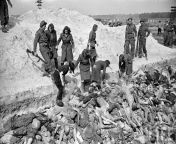 George Rodger, Female guards from Bergen Belsen concentration camp forced to bury up the bodies of prisoners, Germany 1945. from hlbalbums pk bergen